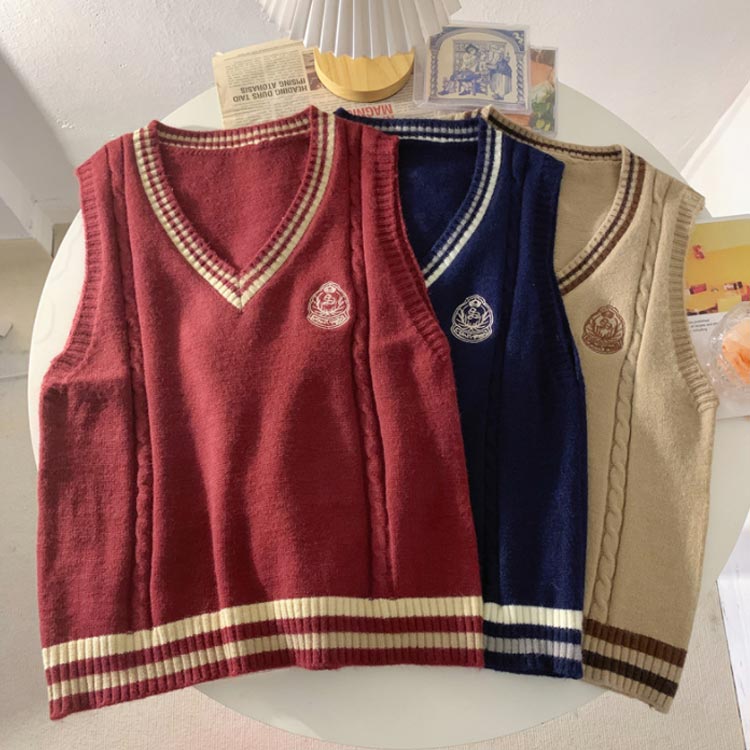 ニット Vネック 中学 秋 ニットベスト 夏 チョッキ 冬 制服 女子 スクールベスト 学校 通学 ケーブル編み スクール 学生服 ニットベスト 春 高校 ベスト ニット オールシーズン レディース 入学 女子高生 かわいい ライン入りニットベスト