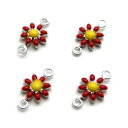 【4ヶ入】2カン付メタルフラワー(赤/レッド) シルバー/ゴールド アクセサリーパーツ/メタル/金属/ネックレス/ブレスレット/ペンダント/ストラップ/フラワー...