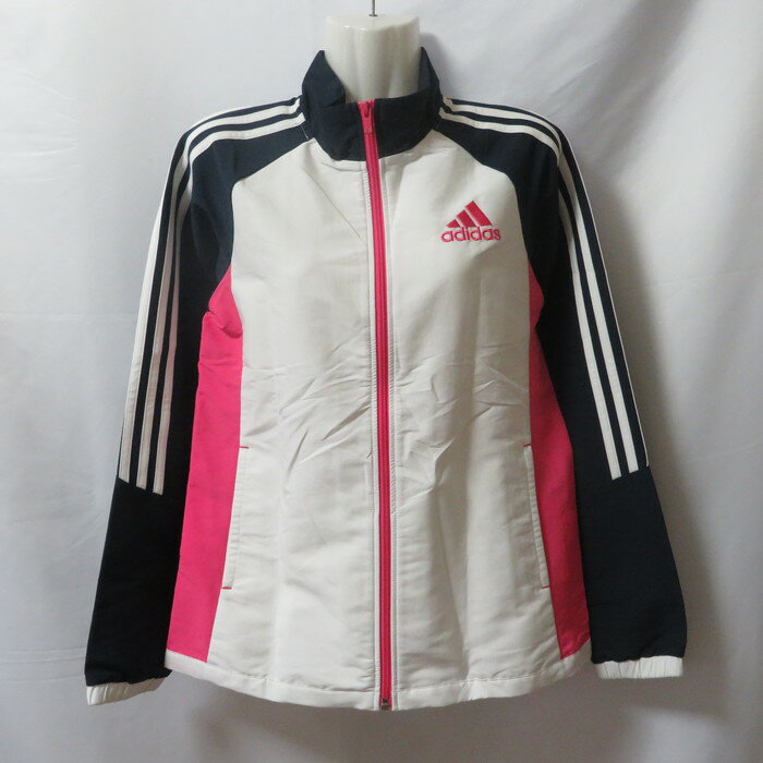 【中古】 【送料無料】 古着 レディースL adidas/アディダス トラックジャケット ジャージ ジップ スポーツ ジム ジョギング トレーニング ホワイト/ネイビー/ピンク W58630