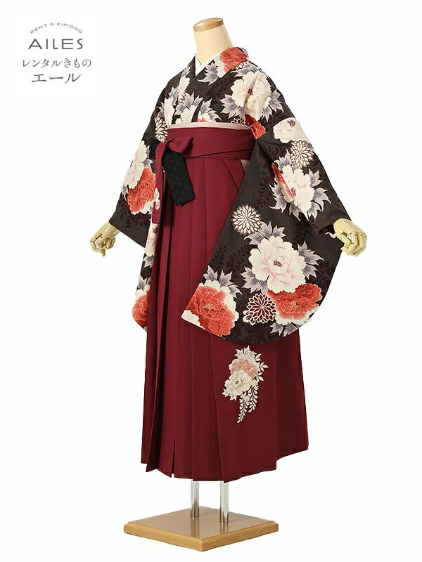 大学生 専門学校生 卒業 【レンタル】 卒業レンタル袴 女袴レンタル AG0556 こげ茶 白 菊 牡丹 九重 卒業袴 着物レンタル 卒業式 小学校卒業式 レンタルフルセット 女袴 袴 レンタル 女 新品足袋プレゼント 【往復送料無料】