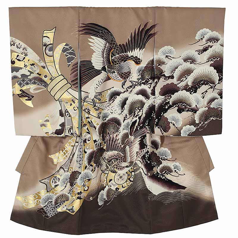 楽天レンタルきもの　エール【レンタル】男児産着AL0113 茶色 鷹 束ね熨斗 松 縁起柄 吉祥文様 男の子 かっこいい お祝い 産着 レンタル お宮参り 産着レンタル 祝着レンタル 初着 記念撮影 赤ちゃん着物 rental 帽子よだれかけセットレンタル付 送料無料