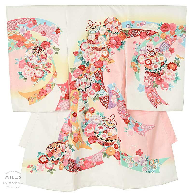 産着 女児【レンタル】産着女の子レンタル AM0106 白 熨斗目 鞠 牡丹 女の子 産着 レンタル お宮参り ..