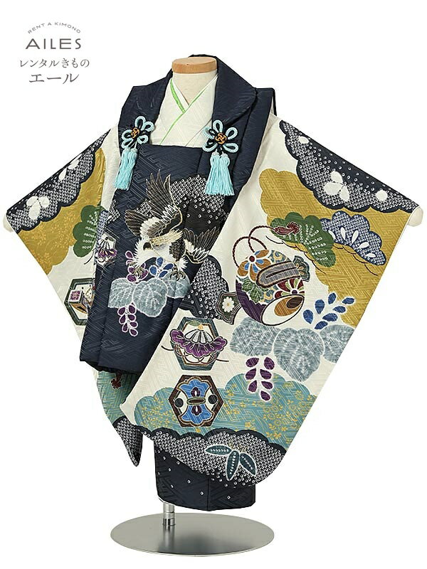 七五三 着物【レンタル】七五三 男の子 3歳被布コートレンタル(3男被布)AO3176 白 紺 鷹 松 男児 七五三被布コート レンタル 753 被布セット 子...