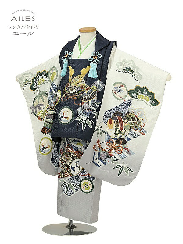 七五三 着物【レンタル】七五三 男の子 3歳被布コートレンタル(3男被布)AO3178 白 紺 兜 松 男児 七五三被布コート レンタル 753 被布セット 子...