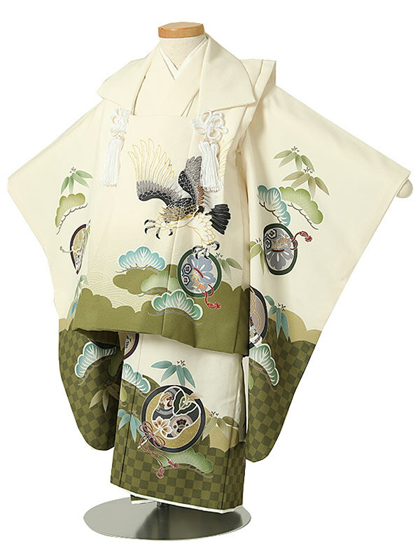 七五三 着物【レンタル】七五三 男の子 3歳被布コートレンタル（3男被布）AO3184 緑 クリーム色 鷹 松 男児 七五三被布コート レンタル 753 被布セット 子供 着物 男の子 3歳 貸衣装 上品 七五三 かっこいい 人気 新品足袋プレゼント 往復送料無料