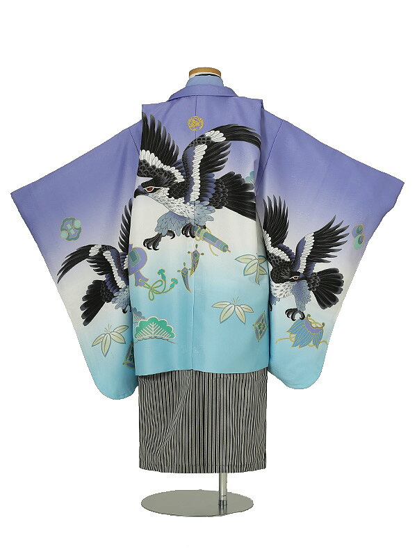 七五三 着物【レンタル】 かんたん七五三 5歳 袴レンタル AO5232　薄紫 水色 鷹 松竹 黒縞 男児 七五三袴 羽織袴 袴セット 貸衣装 和装 お正月 お祝い 卒園式 きもの 5歳 七五三 着物 5才男の子 人気柄 子供 着物 753 かっこいい 人気 新品足袋プレゼント 往復送料無料 3