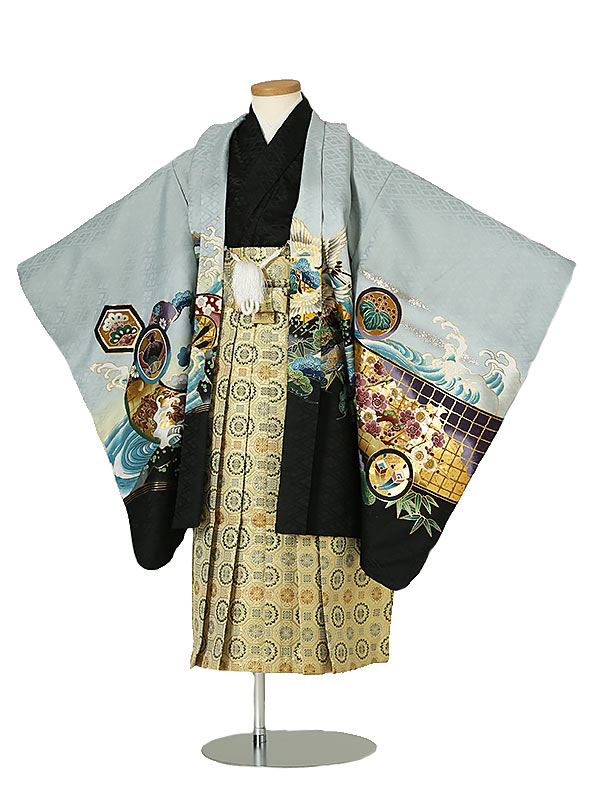 七五三 着物【レンタル】 かんたん七五三 5歳 袴レンタル AO5252　グレー 鷹 波 松竹梅 ゴールド 男児 七五三袴 羽織袴 袴セット 貸衣装 和装 お祝い 卒園式 きもの 5歳 七五三 着物 5才男の子 人気柄 子供 着物 753 かっこいい 人気 新品足袋プレゼント 往復送料無料 2