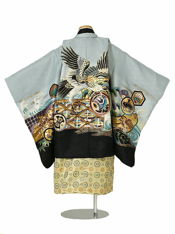 七五三 着物【レンタル】 かんたん七五三 5歳 袴レンタル AO5252　グレー 鷹 波 松竹梅 ゴールド 男児 七五三袴 羽織袴 袴セット 貸衣装 和装 お祝い 卒園式 きもの 5歳 七五三 着物 5才男の子 人気柄 子供 着物 753 かっこいい 人気 新品足袋プレゼント 往復送料無料 3