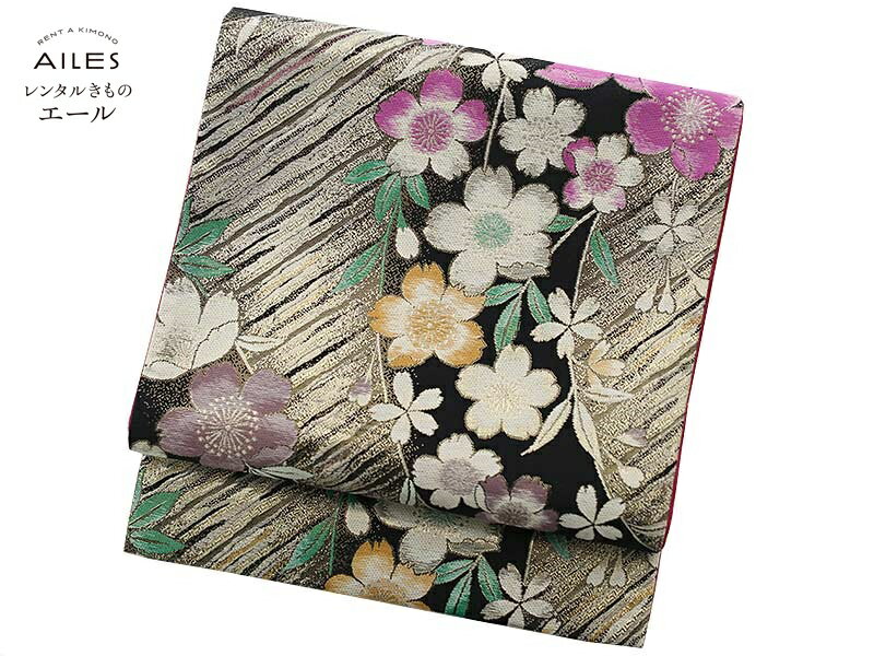 【レンタル】おしゃれ帯 袋帯 単品 FF0041 黒地に桜模様 帯だけ 単品レンタル ゴールド系 袋帯 振袖 成人式 前撮り 結婚式 フォーマル かわいい 人気 古典 帯 rental 華やか 帯 帯のみ 帯だけレンタル 姉フリ ママフリ 姉振 ママ振 母振 往復送料無料