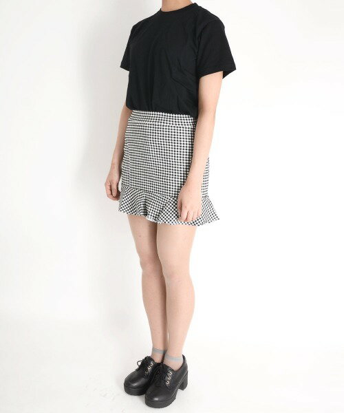 【クリックポスト発送可】【URGE：/アージコロン】ギンガムチェック 裾フレア ミニスカート（ブラック）（S/M/L）