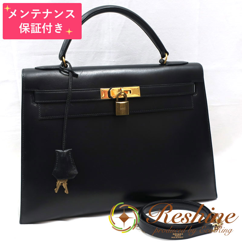 【中古 美品】【メンテナンス保証付】HERMES／エルメス ケリー32 ボックスカーフ ブラック ショルダー..