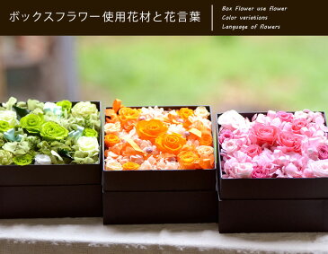 【送料無料の名入れプリザーブドフラワー】名入れ プリザーブド ボックスフラワー(ピンク/グリーン/オレンジ)(枯れないお花)<メッセージ名入れ可能><誕生日プレゼント 名前入り><女性 花 ギフト><還暦祝い 花 おしゃれ>アレンジメント