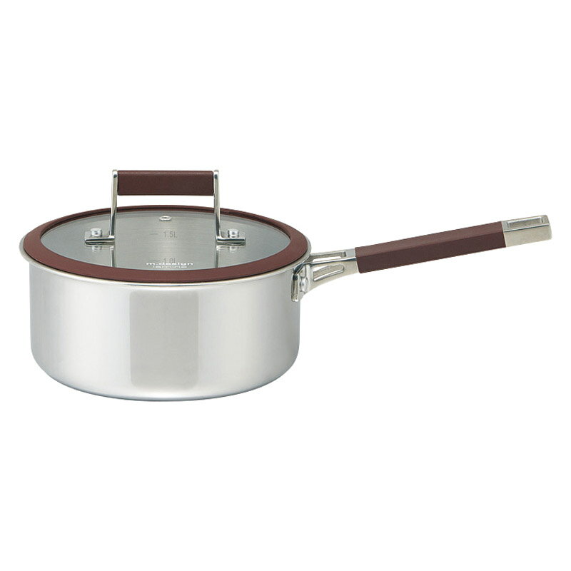 ギフト エムデザイン ラミーナ 片手鍋18cm 熱伝導 保温性 耐久性 全面 洗練 合金 構造 仕様 加工 内側 目盛 対応 ステンレス スタイリッシュ デザイン ブラウンカラー アクセント アルミニウム サンドイッチ メリット フチ ガス IH