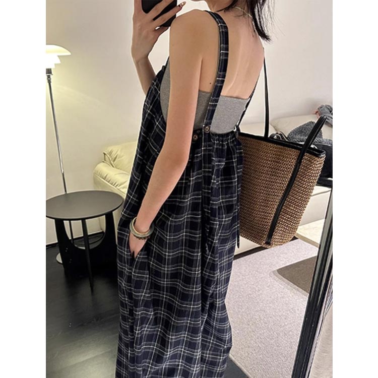 スクエアネック ポケット ロングパンツ チェック柄 サロペットパンツ ワイドパンツ オーバーオール ゆったり オールインワン 夏 チェック柄 カジュアル きれいめ 着瘦せ S M L XL 2XL 3XL