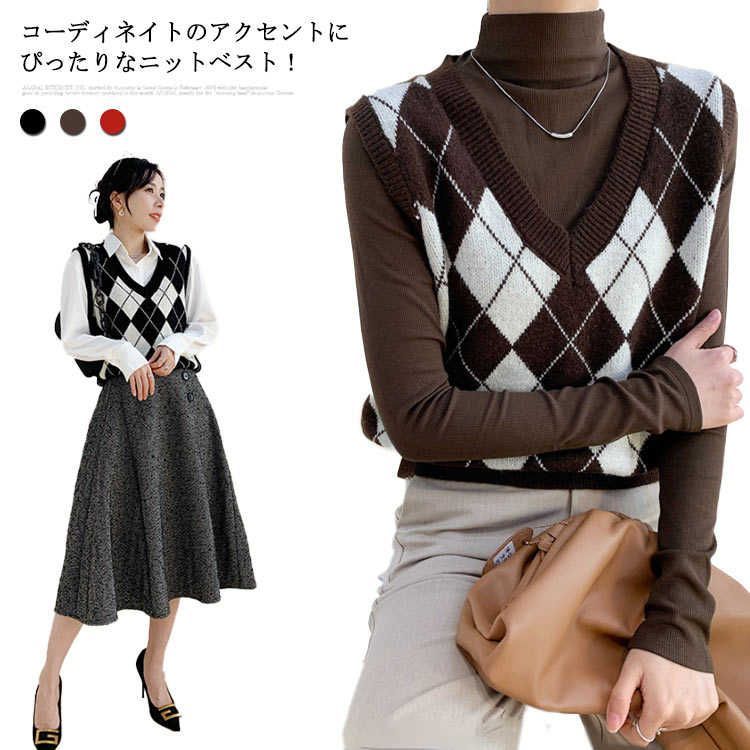 ショートベスト レディース チェック ニットベスト 通学 アーガイル柄 秋冬 Vネック レイヤード プルオーバー ゆったり ショート丈 ニット リブニット ニッ...