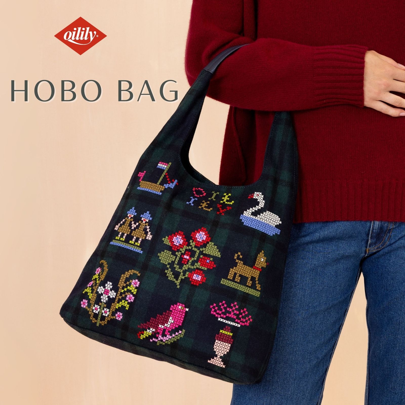 【正規品 オイリリー】ブランド レディース ホーボーバッグ アンティーク 刺繍 チェック 【oil1658】