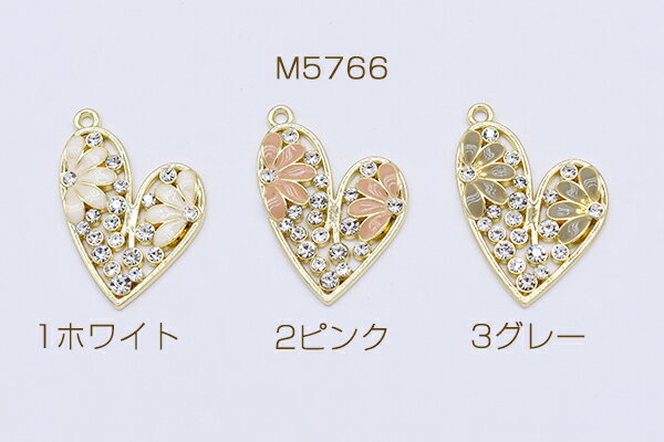 チャームパーツ ハート エポフラワー＆石付き 1カン 22×32mm【2ヶ】