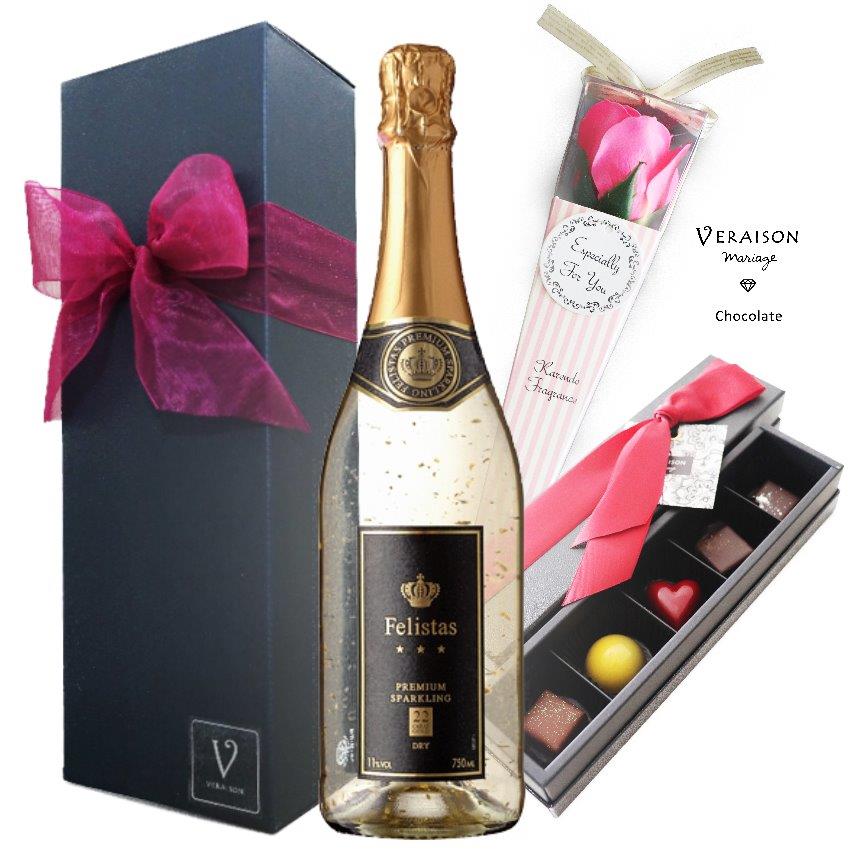誕生日 ワイン ギフト チョコ ワイン お花 フラワー ギフト 金箔 金が舞う 22カラットワイン フェリスタス 白泡 スパークリング 750ml ボンボンショコラ チョコレート ユズ/マッチャ/フランボワーズ/タンザニア/メキシック ソープフラワー リボン包装