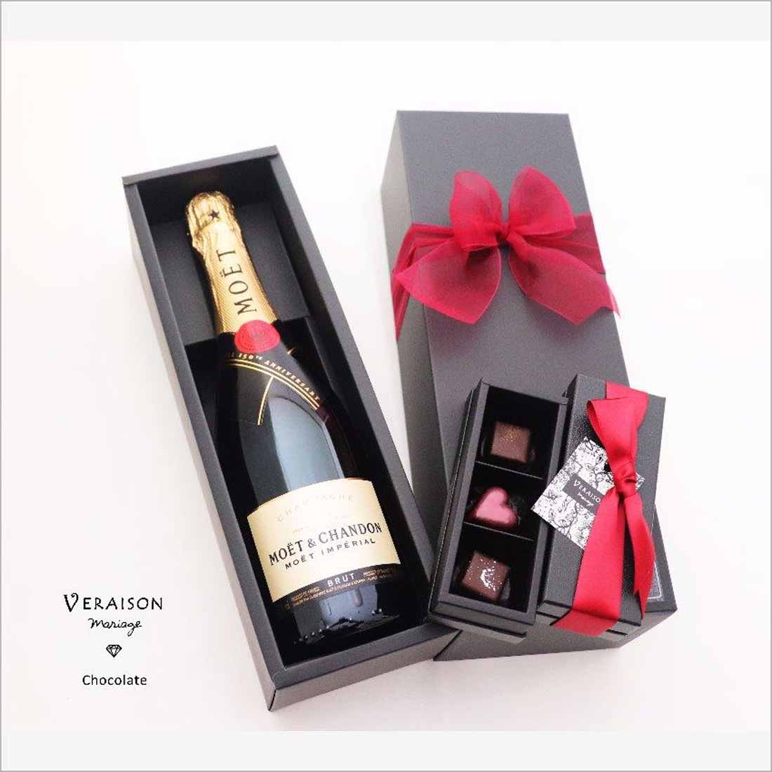 【父の日 ギフト ラッピング メッセージ】クリスマス ワイン ギフト ワイン チョコ モエ・エ・シャンドン アンペリアル 正規品 スパークリング× チョコレート 3個入フランボワーズ/タンザニア/メキシック ショコラ ボンボンショコラ リボン包装 誕生日 メッセージ