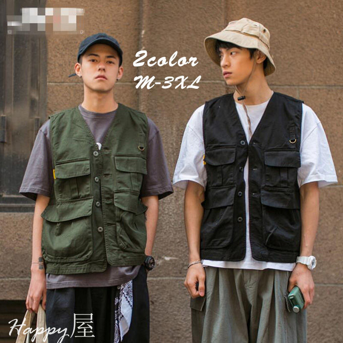 ベスト メンズ ワークベスト Vネック シングル ポケット付き 無地 アウトドア 薄手 作業服 お釣り 登山 ミリタリー ゆったり カジュアル スポーツ レトロ 春 夏 秋 送料無料