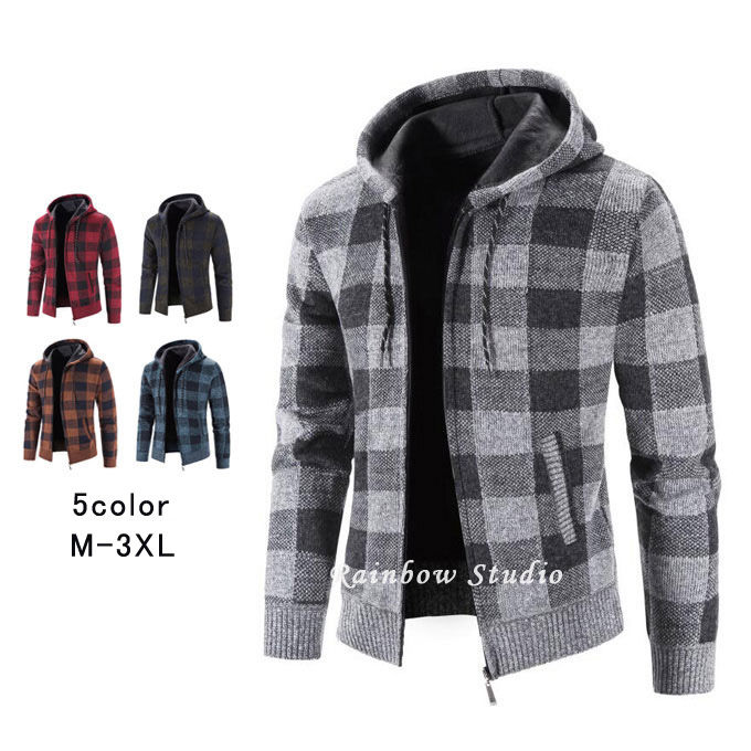 樂天商城 - ニットカーディガン メンズ 長袖 ショート丈 裏起毛 厚手 あったか チェック柄 フード付き 防風 防寒 韓国風 アウター 秋冬 送料無料