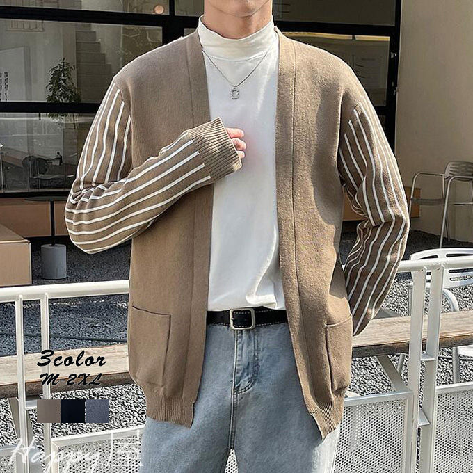 Rakuten - ニットカーディガン メンズ 長袖 ショート丈 ストライプ柄 ファスナー リブ ジャケット アウター 細身 無地 カジュアル おしゃれ ファッション 秋 新作 送料無料