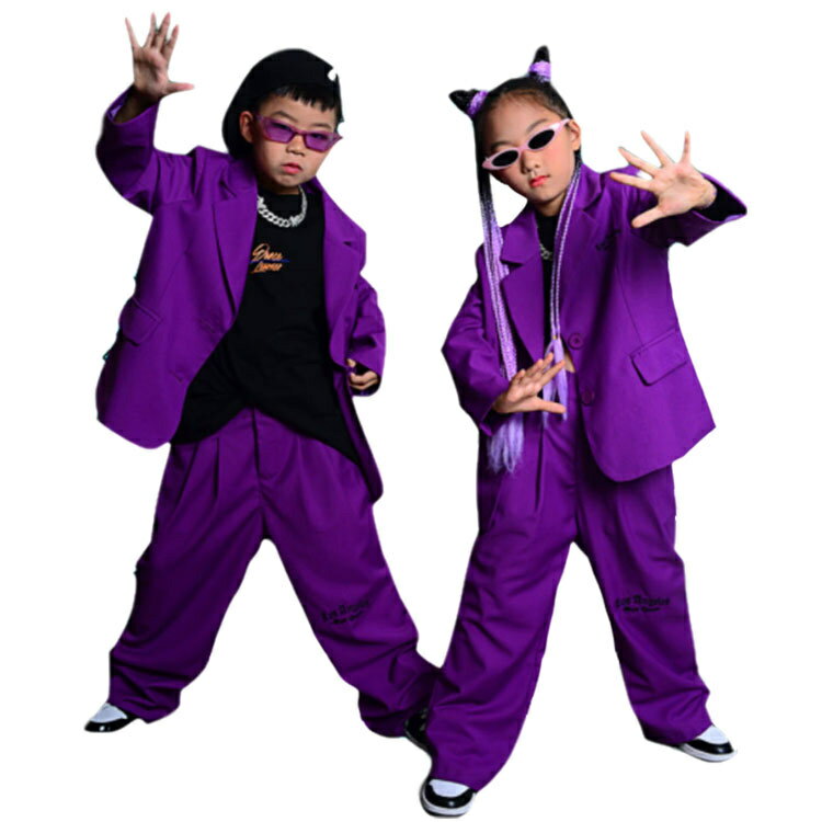 スーツパンツ キッズダンス衣装 セットアップ ヒップホップ ダンスファッション ダンス衣装 女の子 男の子 ガールズ 長袖 パープル トップス パンツ K-POP 韓国 目つき 120 130 140 150 160 170 かっこいい 大人 上下パンツセット ステージ イベント 練習着 ジャズ 卒業式