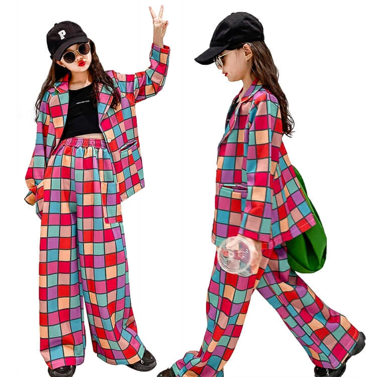 子供服 ヒップホップ キッズ ダンス衣装 セットアップ 女の子 k-pop チェック柄 子ども服 hiphop キッズダンス 衣装 上下 おしゃれ ジャケット パンツ 上下セット