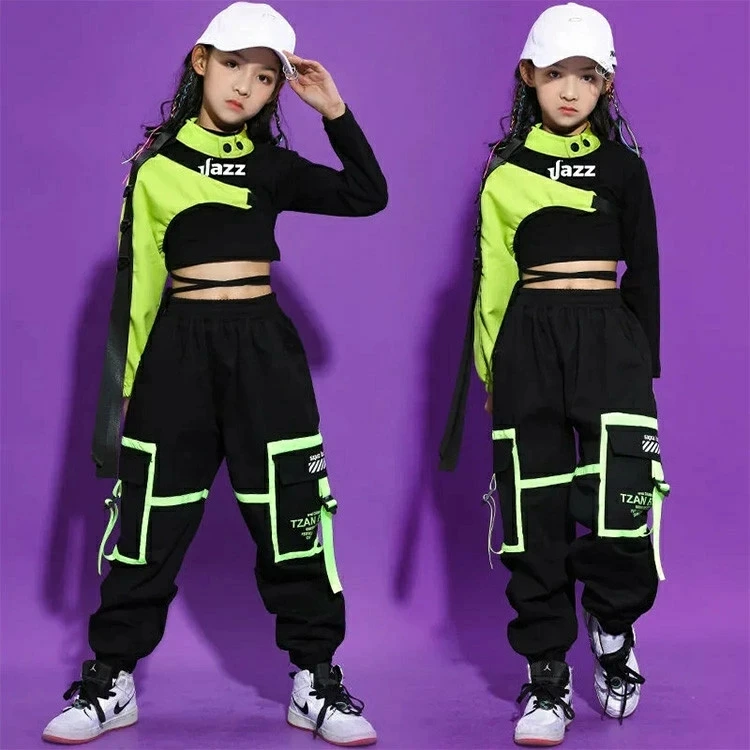 キッズ ダンス 衣装 ヒップ ホップ セット 黒 女の子 セットアップ夏 hiphop 可愛い キッズ ロンt トップス 女の子 ダンス トレーナー ダンス トップス へそ出し キッズ パンツ カーゴパンツ ジャズパンツ キッズ ヘソ出し チアダンス 練習着 派手スーツ スウェット