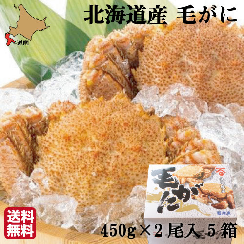 毛ガニ 北海道 浜茹 約450g×2尾入 5箱 (合計 10尾 4500g前後) 化粧箱付き ボイル 毛蟹 毛がに 生産者直送 産地直送 八雲町 長谷川水産 ミノリ商事 送料無料