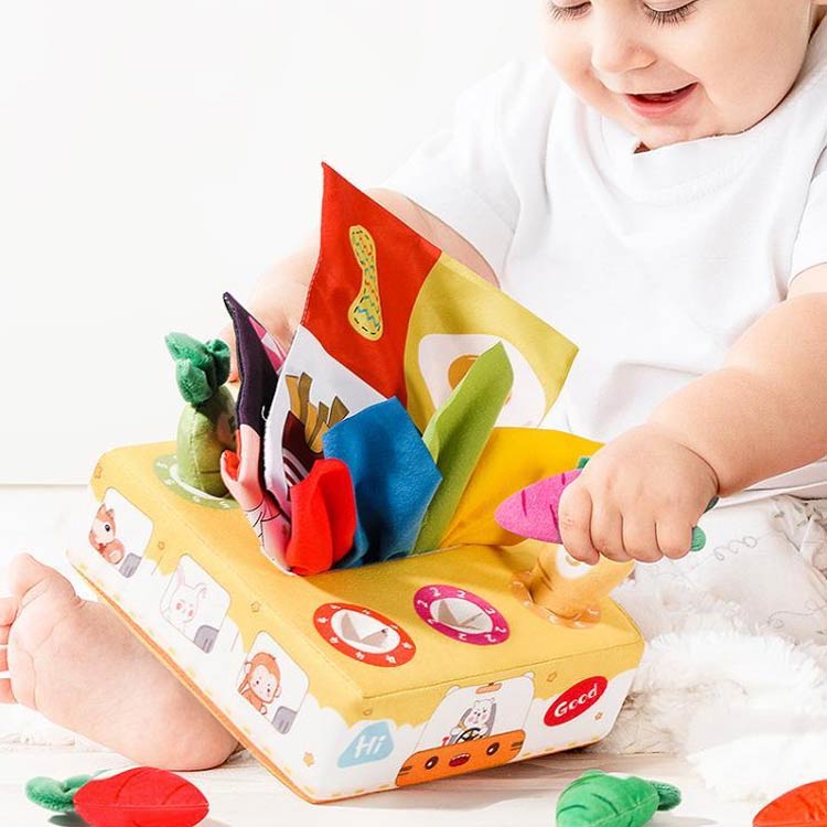 布ティッシュ にんじんを抜く 布絵本 カシャカシャ 音 ベビー 赤ちゃん おもちゃ ティッシュケース ティッシュボックス 布 ティッシュ モンテッソーリ おもちゃ トイ 知育玩具 指先訓練 色認知 感覚開発 仕掛け絵本 女の子 【送料無料】