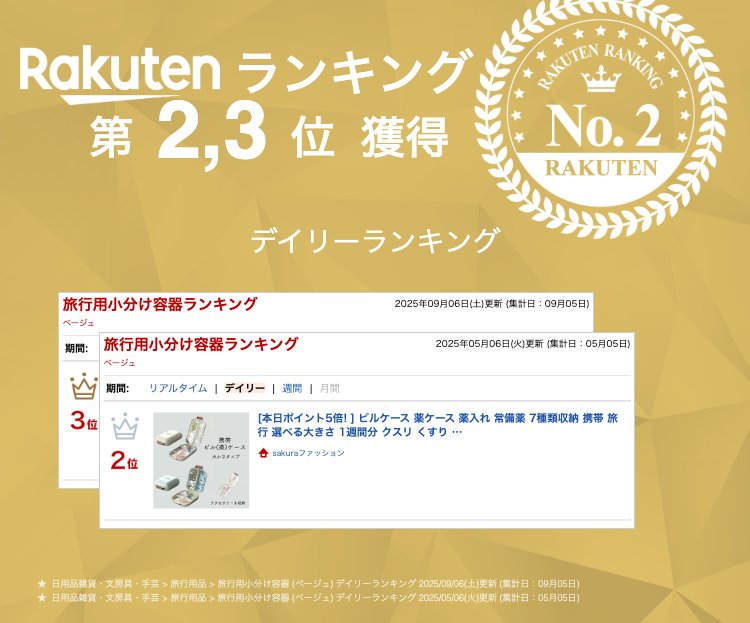 ピルケース 薬ケース 薬入れ 常備薬 7種類収納 携帯 旅行 選べる大きさ 1週間分 クスリ くすり コンパクト 持ち運び便利 出張 仕切り サプリ 小物 アクセサリー 大小 2サイズ ベージュ グリーン sakura3939-10004602 sakuraファッション サンプル画像2