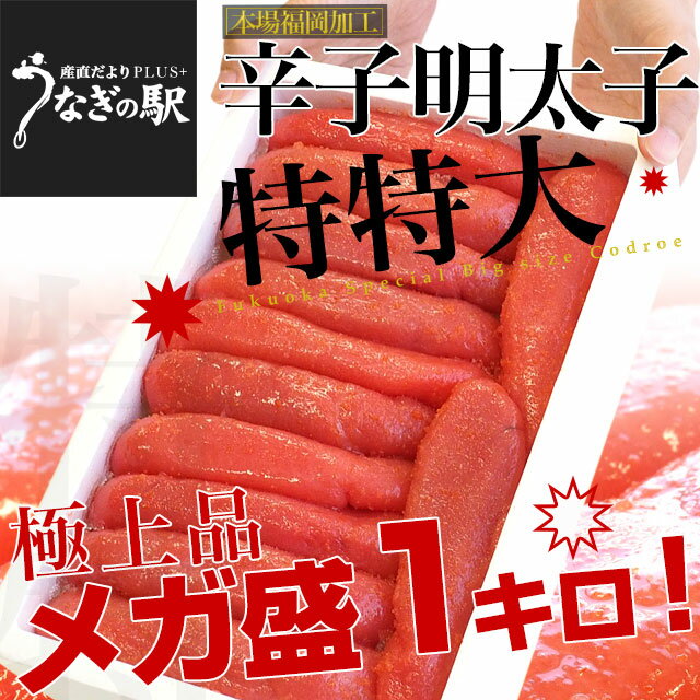 福岡より直送　福岡加工　辛子明太子　特特大1本もの　メガ盛　1キロ（10から12本入） 送料無料 ※クール冷凍便