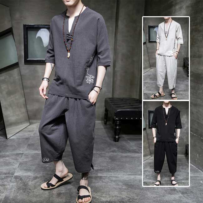 【綿麻リネン・セットアップ】夏物 上下2点セット 綿麻シャツ パンツ 部屋着 メンズジャージ リネン 上..
