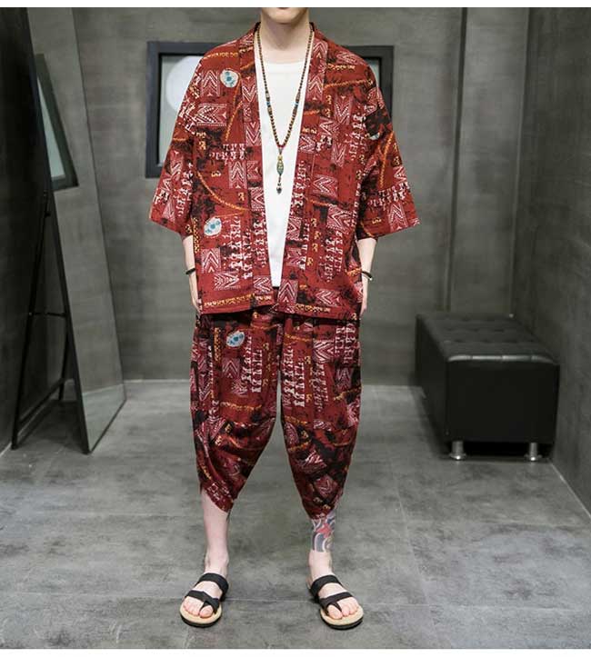 【綿麻リネン・セットアップ】夏物 上下2点セット 綿麻シャツ パンツ 部屋着 メンズジャージ リネン 総柄