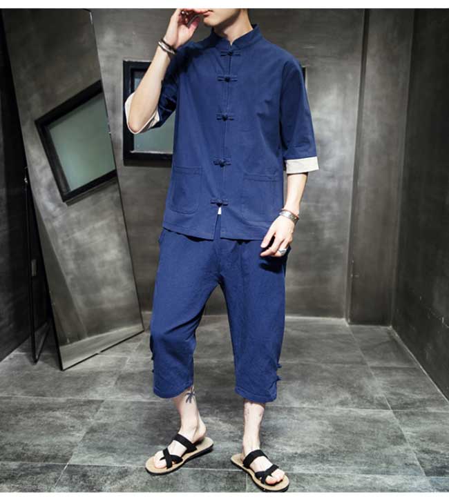 【綿麻リネン・セットアップ】夏物 上下2点セット 綿麻シャツ パンツ 部屋着 メンズジャージ リネン