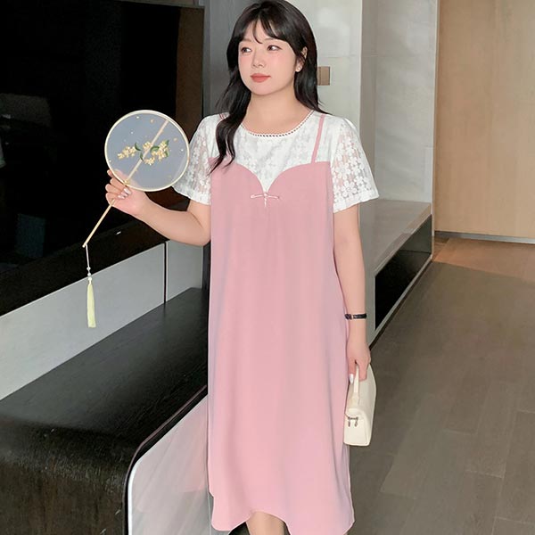 大きいサイズ ワンピース 夏服 ホワイト フラワーレース 半袖 ラウンドネック トップス + 細肩紐ワンピース 重ね着風 胸元 チャイナプレートボタン付き ハートカット ミモレ丈 Aライン ワンピース ブラック ピンク LL 3L 4L 5L 6L【即納】