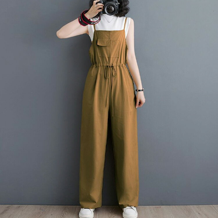 サロペット パンツ ワイド オールインワン レディース サロペットパンツ ワイドパンツ 九分丈 ゆったり ウエストリボン スクエアネック オーバーオール かわいい 美脚 春 夏 秋 通勤 通学 体型カバー 着痩せ 【送無】