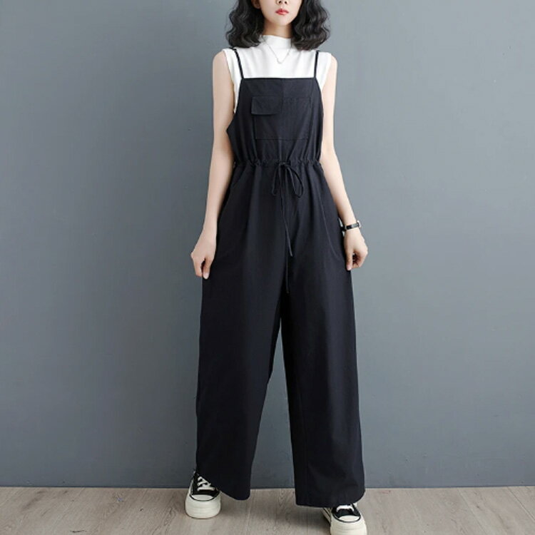 サロペット パンツ ワイド オールインワン レディース サロペットパンツ ワイドパンツ 九分丈 ゆったり ウエストリボン スクエアネック オーバーオール かわいい 美脚 春 夏 秋 通勤 通学 体型カバー 着痩せ 【送無】