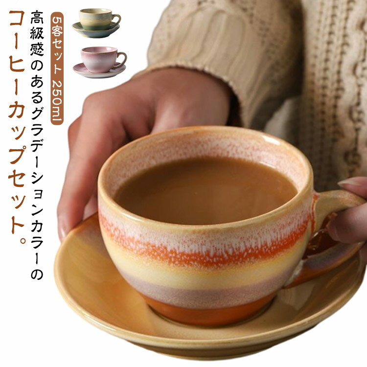 陶器 コーヒーカップ 5客セット 来客用 250ml マグカップ ソーサー セット 窯変 グラデーションカラー 和風 モダン 北欧 おしゃれ 高級感 マグ カップ 皿 サラ 珈琲カップ カフェ 珈琲 コーヒー 食器 碗皿 家庭用 業務用 オフィス 会議室 食洗機対応 和食器 ティーカップ