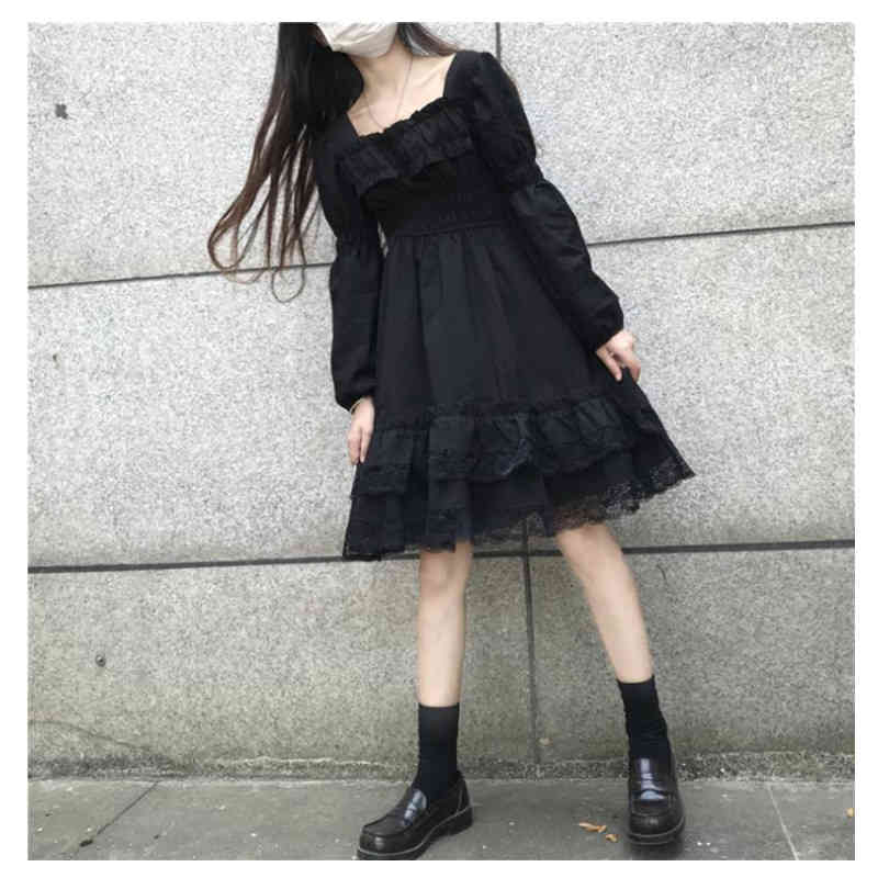 レディース ワンピース レース パフスリーブ ロリータ ゆったり Aライン 七分袖 ひざ丈 かわいい 春 秋
