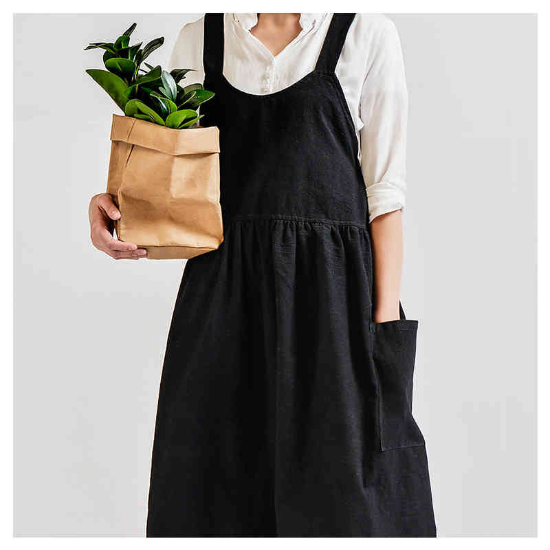 エプロン おしゃれ ポケット付き ロング丈 ワンピース 無地 リネン エプロン かわいい チュニック 保育士 ふんわり ドレス シンプル 無地