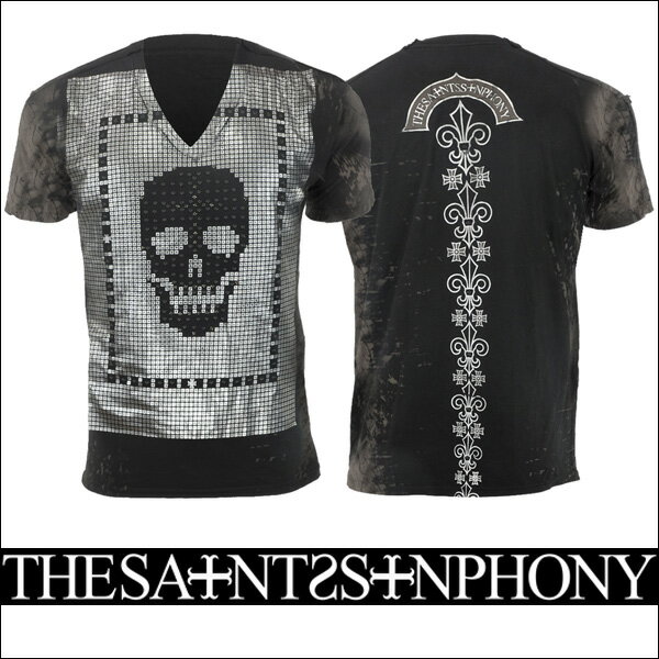新作【THE SAINTS SINPHONY/セインツシンフォニー】SPEARMINT・Tシャツ(半袖・Vネック・ブラック・BLK)メンズ【送料無料】シルバーで施されたスカル抜きのプリントがCOOL!バックのユリモチーフもかっこいい!【インポート】【セレカジ】【正規品】