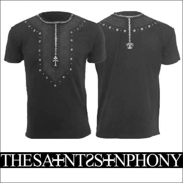 新作【THE SAINTS SINPHONY/セインツシンフォニー】DOUBLE TROUBLE・Tシャツ（半袖・CREWネック・ブラック・BLK）メンズ【送料無料】人気のネックレスデザインをシンプルに取り入れた1枚！クロスやユリモチーフがかっこいい！【インポート】【セレカジ】【正規品】