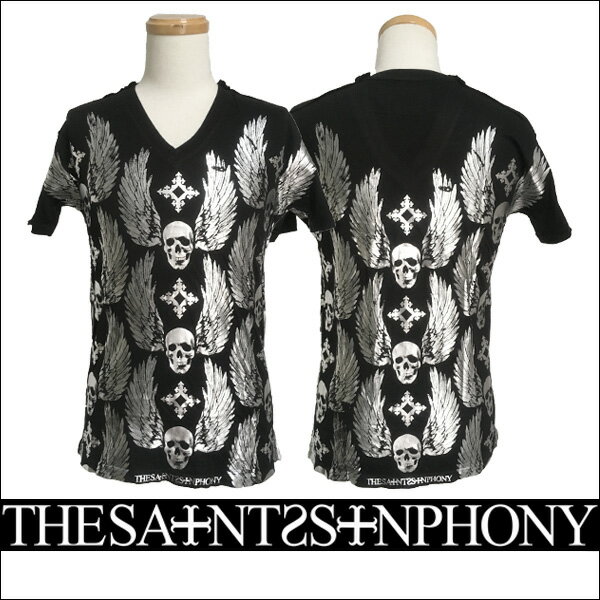 楽天セレクトショップMOMO新作【THE SAINTS SINPHONY/セインツシンフォニー】TRACK IS DEMOLISHED・Tシャツ（半袖・Vネック・ブラック・BLK）メンズ【送料無料】全面にプリントされた羽×スカルのシルバープリントがカッコイイ！セインツロゴも入ってます！【インポート】【セレカジ】【正規品】