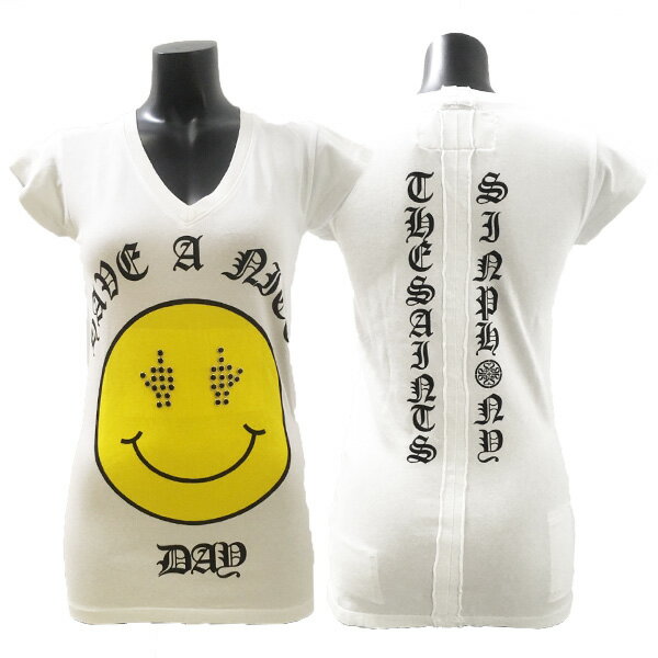 新作【THE SAINTS SINPHONY/セインツシンフォニー】MIND SMILEY・Tシャツ（半袖・Vネック・ホワイト・WHT）レディース【送料無料】セインツシンフォニー2017年秋冬新作入荷！【インポート】【セレカジ】【正規品】