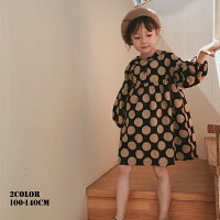 ノーカラードットワンピース/ぽわん袖/ボリューム袖/シンプル/女の子/ベビー服/子ども服/服/ナチュラル/100/110/120/130/140cm