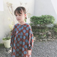 ノーカラードットワンピース/ぽわん袖/ボリューム袖/シンプル/女の子/ベビー服/子ども服/服/ナチュラル/100/110/120/130/140cm
