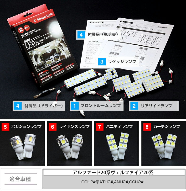 【39ショップ買いまわり★最大43倍】 アルファード ヴェルファイア 20系 前期 後期 LED ルームランプ セット 室内灯 ライト ランプ カスタム パーツ アクセサリー 明るい 1年保証 トヨタ [PT20]