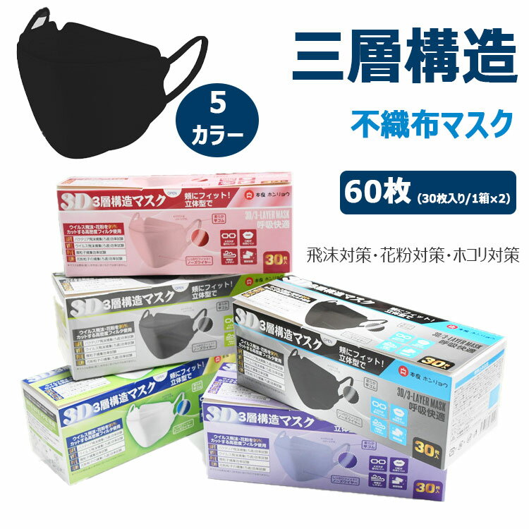  三層構造 マスク メルトブロー 不織布マスク 大人用 男女兼用 60枚（30枚入り/1箱×2） 個包装 高性能フィルター 飛沫 花粉 ホコリ カット ノーズワイヤー 快適フィット 息がラク 柔軟ゴム 耳がラク 使用前サイズ横20.5cm×縦8cm 使い捨てマスク